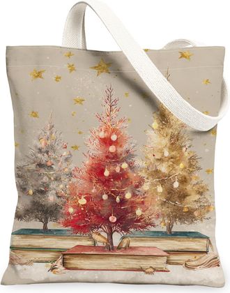Generic Christmas Tree Canvas Tote Bags, Festive Holiday Design Lightweight Washable Shoulder Strap Reusable Grocery Bags for Shopping Outdoor Travel 13x15 In