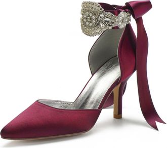 Generic Bridal Heels Women Satin High Heel Pumps Satin Pointy Wedding Evening Dress Stiletto Shoes 8Cm,Wine red,10 UK