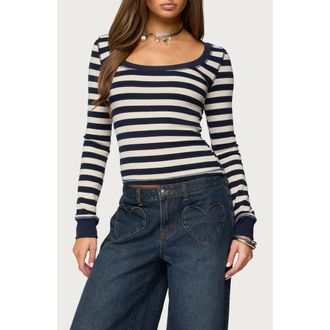 Edikted Rainey Stripe Scoop Neck Long Sleeve Knit Top in Navy-And-Cream at Nordstrom, Size X-Small