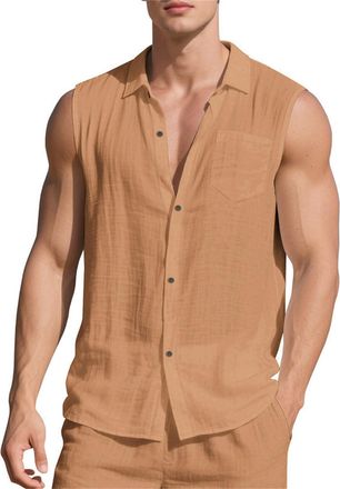 Generic Linen Shirts for Men Short Sleeve Cotton Shirt Sleeveless Tank Tops Button Down T-Shirt with Pocket Summer Casual Tee Camisas Verdes para Hombre(Yello