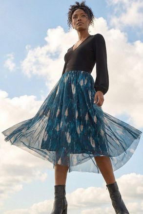 Roman Abstract Print Mesh Overlay Skirt
