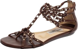 Jimmy Choo London Brown Leather Studded Caged T-Strap Flat Sandals