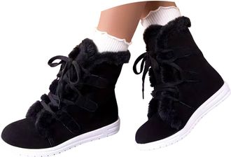 Generic Womens Furry Mid Calf Low Heel Anti-Slip Warm Booties Comfortable for Outdoor Walking Hiking Lace up Snow Boots for women Non Slip Combat Boots