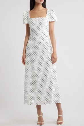 Odd Muse Polka Dot Square Neck Midi Dress in White Polka Dot at Nordstrom, Size X-Small