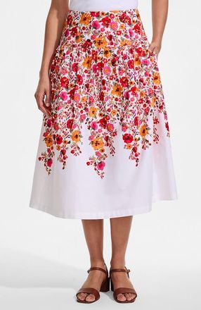 Lands End Poplin Drop Waist Midi Skirt in White Multi Garden Floral at Nordstrom, Size 4