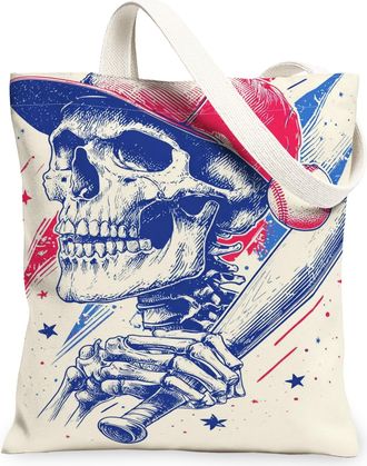 Generic Vintage Skeleton Canvas Tote Bags, Artistic Skull Design Reusable Grocery Bags, Lightweight Washable Shoulder Strap Canvas, Cream, 13x15 Inch