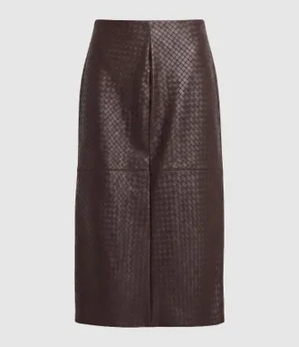 Jeanne Vouland Jupe Rogger Taille Haute, Mi-Longue Simili Chevron Chocolat