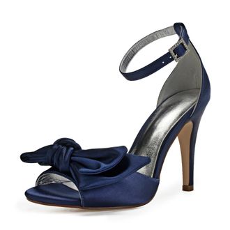 Generic Bridal Shoes Womens Bow Tie High Heels Peep Toe Sandals Sexy Stiletto Wedding Shoes Satin Prom Party Dress Pumps 10.5Cm,Dark Blue,4 UK