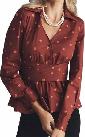 Hutch Barber Long Sleeve Wrap-Front Peplum Blouse In Pink Dot