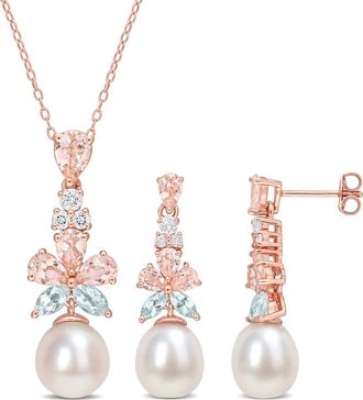 Delmar Cultured Freshwater Pearl & Semiprecious Stone Earrings & Necklace Set in Rose Gold/Pearl at Nordstrom Rack