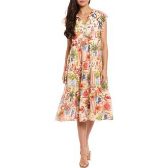 London Times Flutter Sleeve Tiered Midi Dress in Antique White/Fiery Red at Nordstrom Rack, Size X-Large