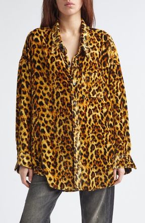 R13 Leopard Print Drop Neck Velvet Button-Up Shirt in Light Brown Leopard at Nordstrom, Size X-Small