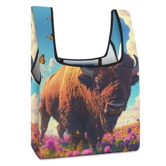 Generic Buffalo Bison Field Shopping Bag Reusable Grocery Tote Bag Foldable Handbag for Travel Picnic