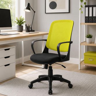 Dmora Serena - Silla De Oficina Coffs, Silla Operativa De Malla Con Reposabrazos, Asiento De Oficina Ergon&oacute;mico, Cm 61x60h99/108, Negro Y Amarillo