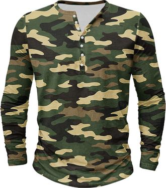 Generic Long Sleeve T Shirt Mens Camo Slim Fit Muscle T-Shirts Casual Button UP Henley Tops Vintage Regular Fit Grandad Shirts for Men Soft Breathable Lightwe