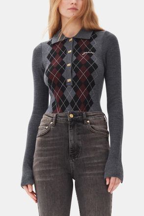 Ganni Grey Knitted Polo Shirt - Size XXS Merino Wool