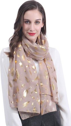 Lina & Lily Metallic Gold Silver Foil Feather Womens Scarf Shawl Wrap Lightweight (Beige-Gold)