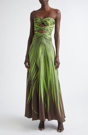 Oscar De La Renta Palm Leaves Print Strapless Cutout Silk Gown in Green/brown at Nordstrom, Size 6