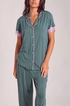 iCollection Viscose Lace-Trim Pajama Set with Cropped Pants in Green-Pink at Nordstrom, Size X-Small