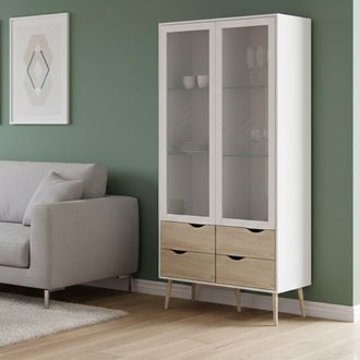 Dmora Vitrina Con Dos Puertas De Cristal Batientes Y Cuatro Cajones, Blanco Y Roble, Medidas 98 X 200 X 39 Cm, Con Embalaje Reforzado - Dmora