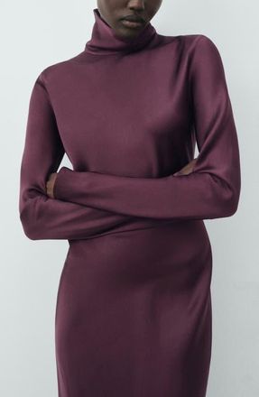 Mango Selection Turtleneck Long Sleeve Satin Maxi Dress in Burgundy at Nordstrom, Size 2