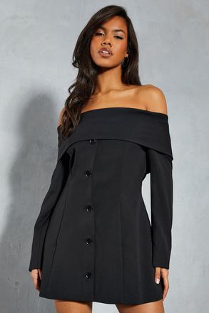 Misspap Womens Tailored Bardot Blazer Dress - Black Leather - Size 10 UK