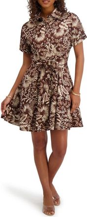 Kensie Jungle Print Short Sleeve Taffeta Shirtdress in Chocolate Multi at Nordstrom Rack, Size 10