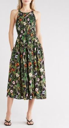 Avec Les Filles Floral Smocked Bodice Linen Blend Midi Dress in Black Butterfly Floral at Nordstrom Rack, Size 12