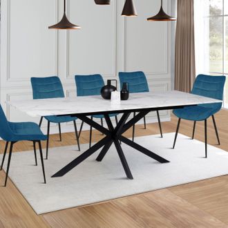 IDMarket Alaska Mesa De Comedor Para 6-10 Personas Con Efecto M&aacute;rmol Blanco Y Pata De Ara&ntilde;a De Metal 160-200 Cm