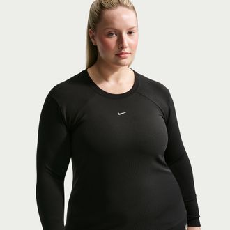 Nike Womens Nike Sportswear Chill Knit Tight Long-Sleeve Ribbed Top (Plus Size) in Black | IO6947-010