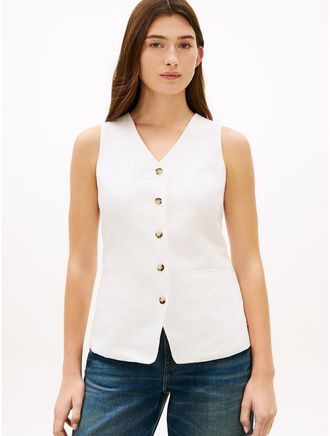 Tommy Hilfiger Womens Slim Fit Linen-Blend Vest - White - 10