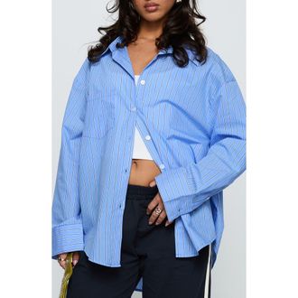 Princess Polly Kodhi Oversize Pinstripe Cotton Blend Button-Up Shirt in Blue Stripe at Nordstrom, Size 4
