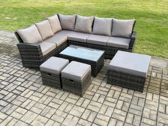 Fimous 9 Seater High Back Outdoor Garden Furniture Set Rattan Corner Sofa Set With Rectangular Coffee Table in Dark Grey