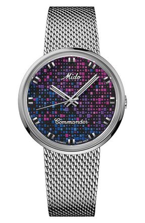 Mido Commander 1959 Pixel Dial Automatic Mesh Strap Watch, 37mm in Black Multi at Nordstrom