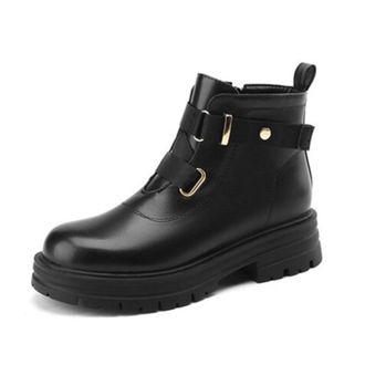 Generic Womens Ankle Boots PU Leather Double Buckle Straps Side Zipper Thick Platform Soles Round Toe Slip On Soft Lining Cushioned Insole Durable Outsole,Bla