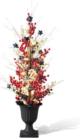 Glitzhome 3ft Patriotic Americana Lighted Berry Stars Urn Porch Tree with Timer in Blue at Nordstrom, Size Medium