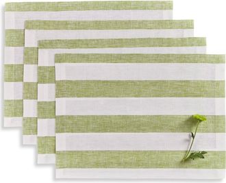 Solino Home Linen Placemats Set of 4, 14 x 19 Inch for Dining Table, Holiday and Everyday Table Decor - Cabana Stripe in Green And White at
