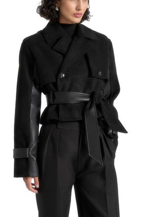 Mani&egrave;re De Voir Lelia Cropped Suede Trench Coat With Belt in Black at Nordstrom, Size Small