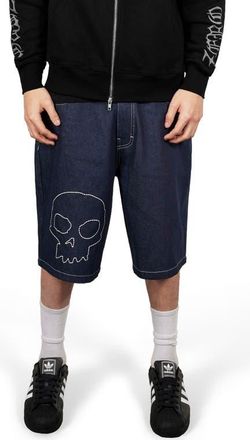 Pleasures X Zero Skateboards Skull Embroidered Denim Shorts in Raw at Nordstrom, Size 36