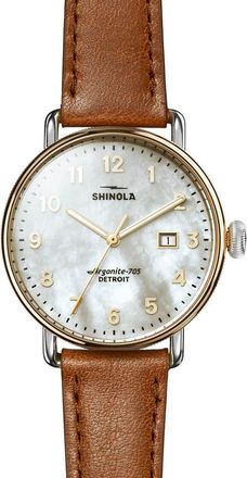 Shinola Canfield Leather Strap Watch, 38mm in White Mother Of Pearl at Nordstrom
