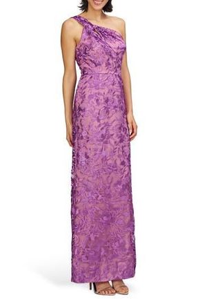 JS Collections Samantha Floral Embroidery One-Shoulder Column Gown in Violet Rose at Nordstrom Rack, Size 2