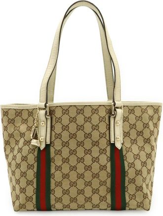 Gucci Beige Green Ivory Red Color Canvas Leather Shoulder Bag Tote Bag (Pre-Owned)
