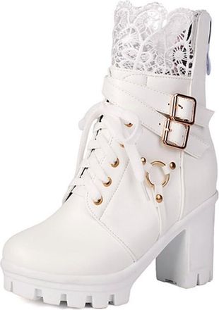 Generic Womens Lace Up Gothic Combat Ankle Boots Platform Round Toe Block Heels Pumps Shoes with Back Zipper and Buckle Strap (White,7.5)