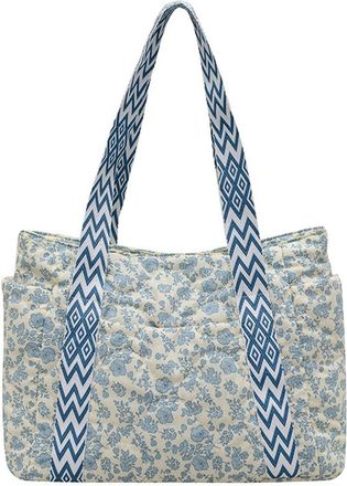 Generic Womens Quilted Tote Bag Cute Nylon Floral Shoulder Bags Puffer Handbag with Bow Charm & Side Pockets, Teacher, Mom, Daily Wear (Blue,One Size)