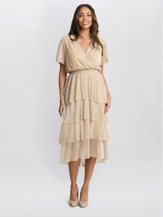 Gina Bacconi Womens Cheri Metallic Knit Tiered Dress - Gold - Size 12 UK