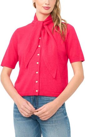 CeCe by Cynthia Steffe Tie Neck Short Sleeve Cardigan in Watermelon Crush at Nordstrom, Size X-Large