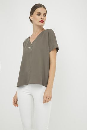 Móveis Conquista Khaki V Hals Top met Metallic Motief