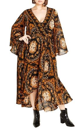 City Chic Paris Print Long Sleeve Faux Wrap Maxi Dress at Nordstrom, Size Xl