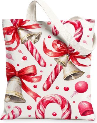 Generic Holiday Canvas Tote Bags, Festive Candy Cane and Bell Pattern Reusable Shopping Bags, Merry Seasonal Lightweight Washable Shoulder for Gym Outdoor Tra