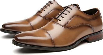 Generic Formal Shoes Dress Oxford for Men Lace Up Cap Toe Black Round Burnished Toe Leather Non Slip Rubber Sole Slip Resistant Low Top Business(Light Brown,6